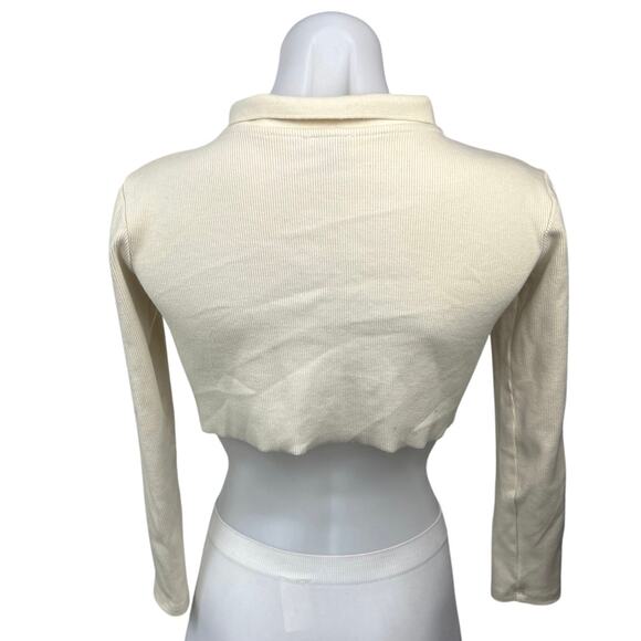 Princess Polly Cream Ribbed Knit Button Up Collar Raw Hem Cardigan Crop Top Sz 2 - Picture 2 of 4